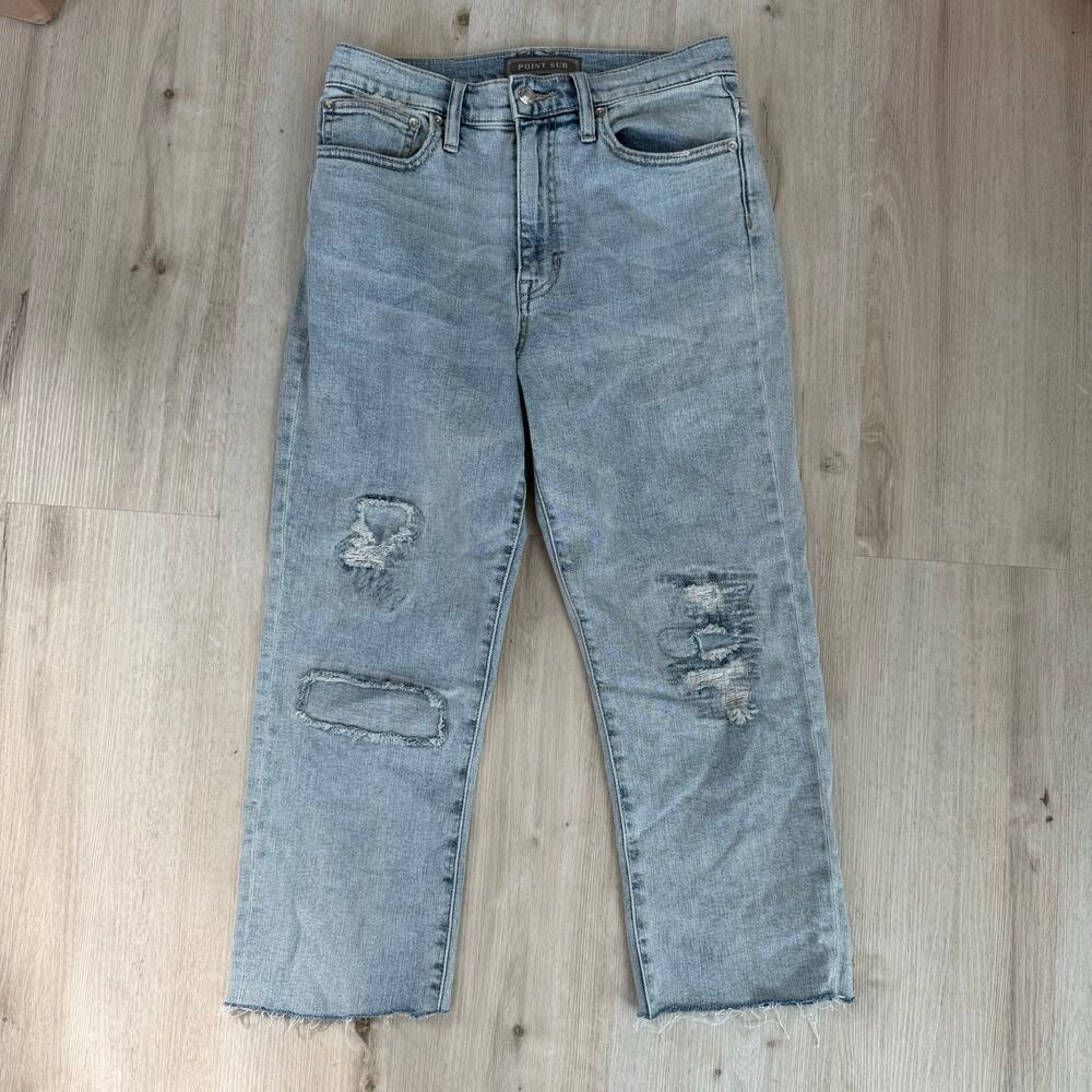 Point Sur J. Crew High Rise Slim Boy Jeans Distressed Patched Cropped Size 27